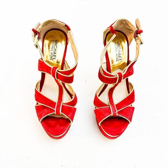 Michael Kors Suede Red Platform Pumps Gold Trimmed Size 6 - Picture 1 of 6